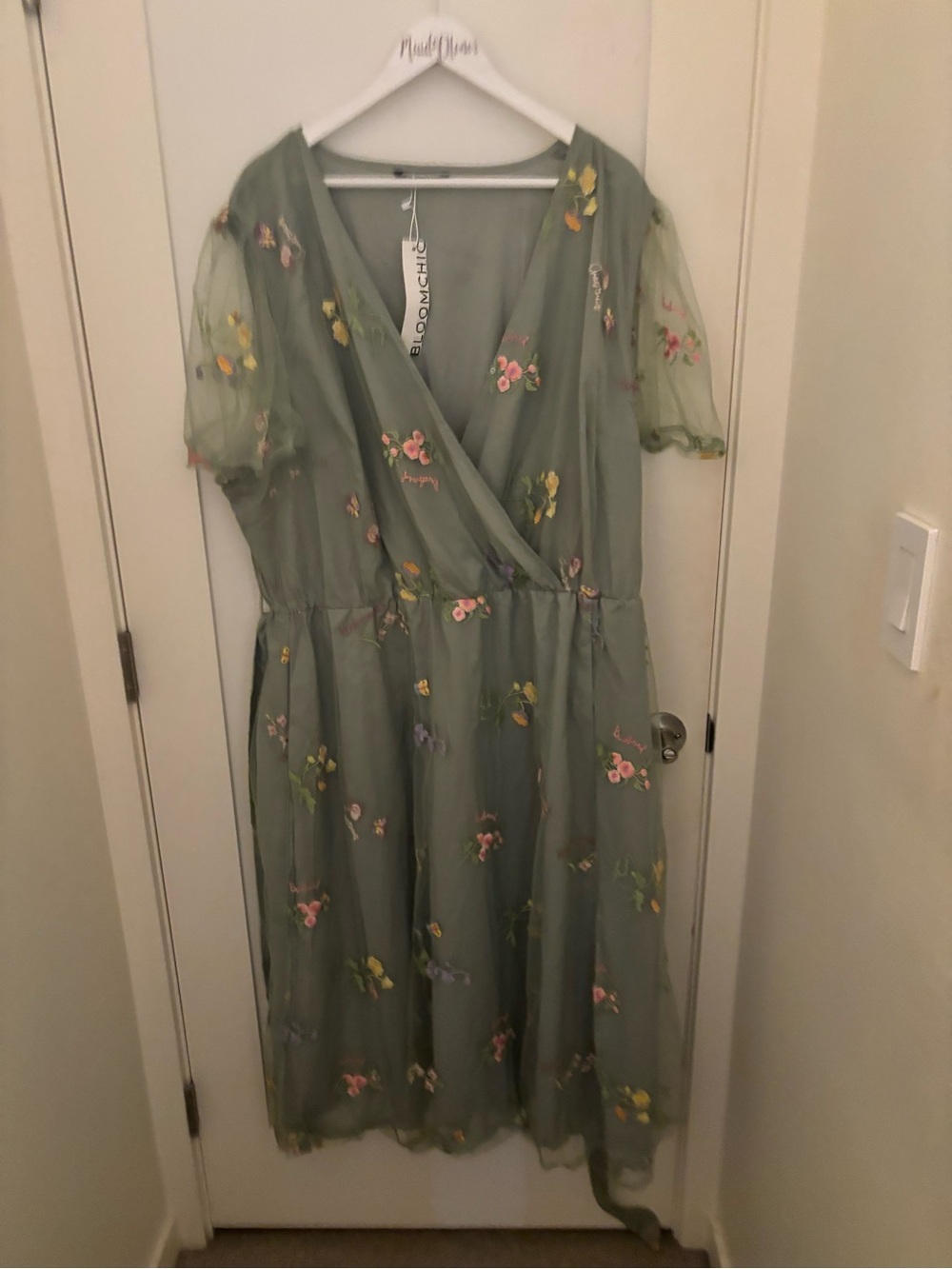 BloomChic Sage Green Midi Dress with Pastel Floral Embroidery